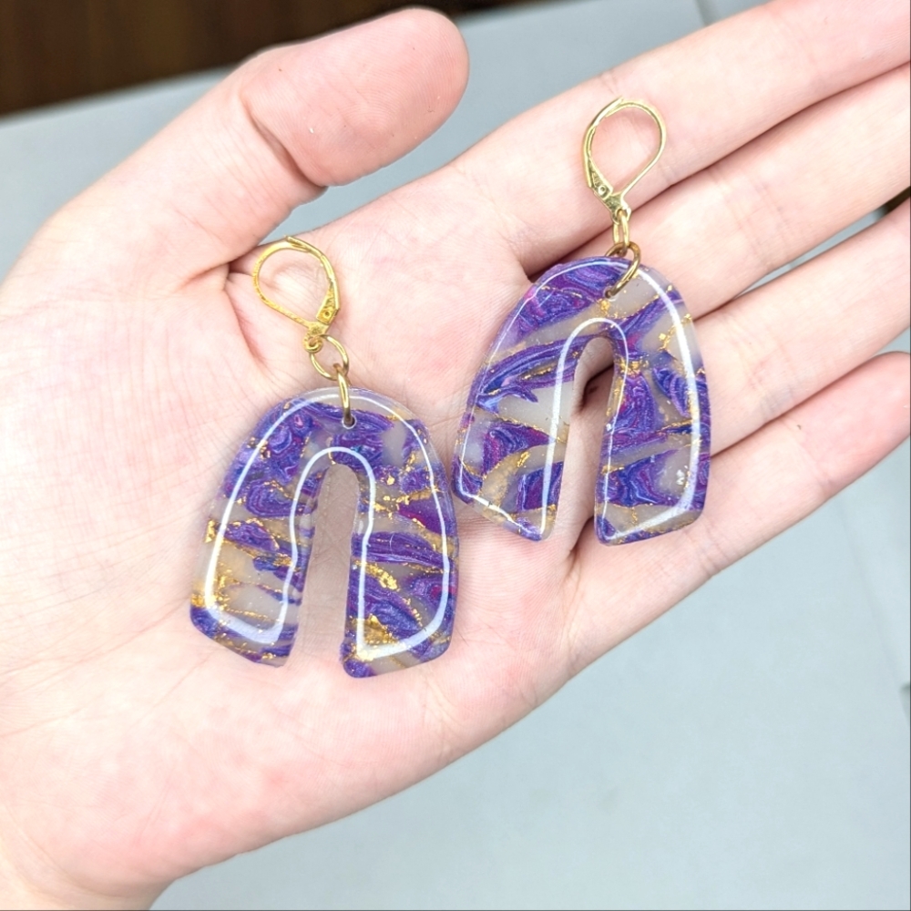 Purple and Gold Geode Rainbow Earrings